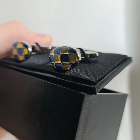 Blaq Mens Cuff Links Checked Cufflinks Silver Blue Yellow - Picture 4 of 7